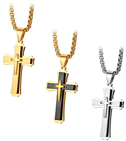 JewelryWe 3pcs Herren Halskette, Edelstahl Klassisch Kreuz Anhänger mit 22 Zoll Kette, Silber Gold Schwarz, mit kostenloser Gravur