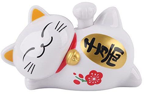 Solar Winkekatze Maneki Neko, Liegend, Weiß, ABS Material, 10.5 x 6 x 7 cm, Glücksbringer für Zuhause und Auto, Feng Shui Dekoration