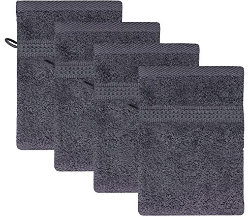 Class Home Collection Frottee Waschhandschuhe 16x21 cm – 4er Set Waschhandschuh – Besonders weiche & saugfähige Waschlappen aus 100% Baumwolle mit Aufhänger – Anthrazit