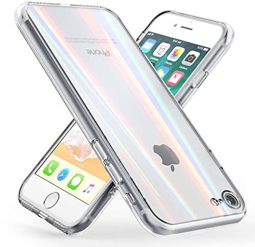 NALIA Tempered Glass Case compatible with iPhone SE 2022 / SE 2020/8 / 7, Iridescent Holographic Hard Cover with Silicone Bumper, Transparent Shockproof & Scratch-Resistent Mobile Phone Protector