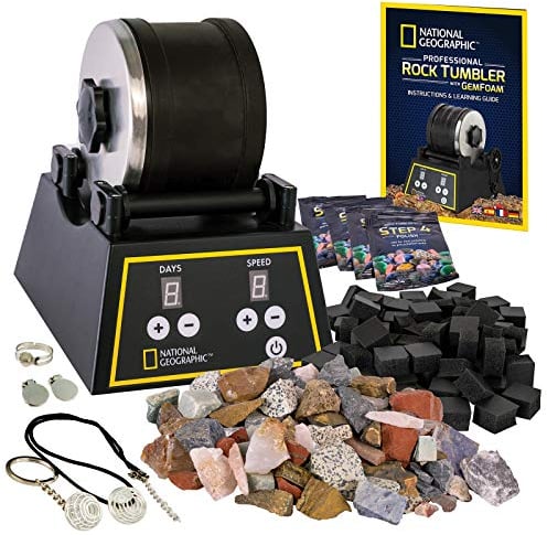 NATIONAL GEOGRAPHIC Professional Rock Tumbler Kit- Rock Polisher for Kids and Adults, Complete Rock Tumbler Kit with Durable Tumbler, Rocks, Grit, and Our New GemFoam Polisher, A Great STEM Hobby