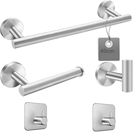 EXLECO Portasciugamani da Bagno 5 pezzi, Inox Porta Asciugamani parete in Acciaio Rotondo 41 cm Portasciugamani + Porta Carta Igienica + Gancio per Asciugamani, per Bagno e WC + 2 Ganci
