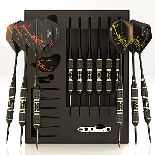 CC-Exquisite Professional Steel Tip Darts Set - 6 x 22g Brass Barrels with 12 Flights Standard/Slim, 12 Aluminum Shafts 35/48mm, 12 O-Rings, Dart Tool, Dart Sharpener and Case…