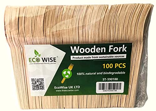 Ecowise Strong Disposable Wooden Forks Pack of 100 Ecofriendly Biodegradable Disposable Wooden Cutlery Forks Birchwood Wooden Cutlery Set for Birthday Party, Events, Christmas Party Picnic Wedding