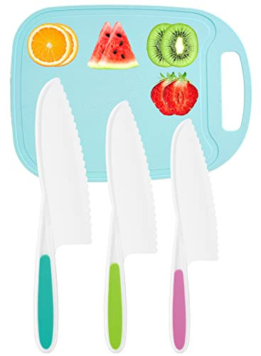 DIKAKO Kids Knife 3-Piece with Cutting Board - Toddler Knife Set Children's Cooking Nylon Knives - Serrated Edges and Firm Grip Suitable for Cutting Salad, Fruit, Cake, Lettuce (3 Sizes & Colors)