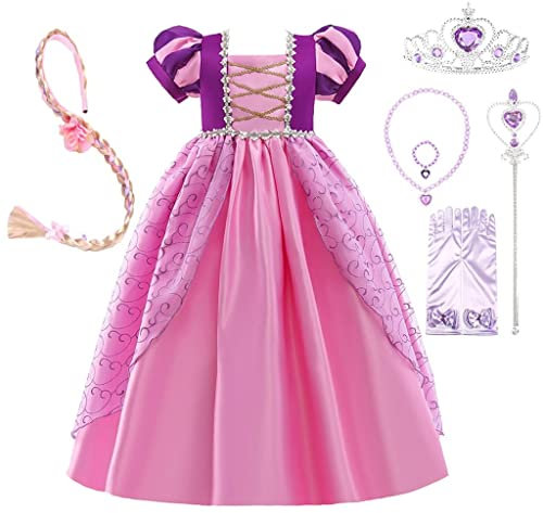 Lito Angels Vestito Costume da Principessa Rapunzel con Accessori per Bambina, Taglia 7-8 Anni, Manica Corta, Rosa Viola
