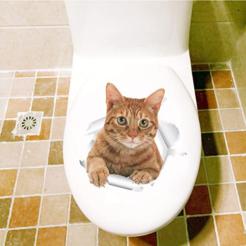 Sticker Mural Toilettes Sticker Wc Stickers Toilette Creative 3D Chat En Trois Dimensions Briser La Décoration Murale Kitty Animal De Compagnie Toilette Toilette Couverture Réfrigérateur Autocollant,U