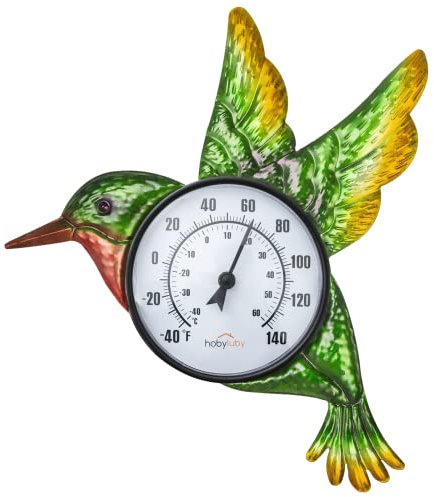 HOBYLUBY Wandthermometer Kolibri Wasserdicht Innen Außen Thermometer für Terrasse, Garten, Hof und Wohnzimmer, keine Batterien erforderlich (35,6 cm)