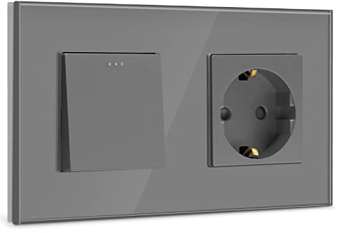 BSEED Lichtschalter mit Steckdose 1 Fach 1 Weg,10A Kristall Glas Platte Wandschalter mit 16A Schuko Steckdose Grau,Physische Unterputz Wandschalter mit Steckdose- 157mm