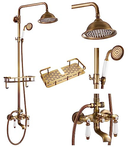 gotonovo Freiliegendes Badezimmer-Duscharmatur-Set, Duschsystem mit Duschablage, 20,3 cm, Regenduschkopf mit Handbrause mit Wannenauslauf zur Wandmontage, antikes Messing, Vintage-Duschkopf
