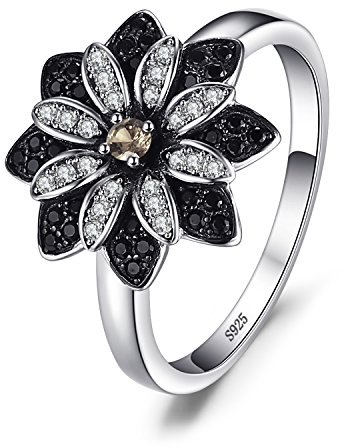 JewelryPalace Gänseblümchen Echt Natur Rauchquarz Spinell Ring Damen, Ring mit Schwarz Naturstein Blume Schmuck Set, Damenring Silber 925 für Frauen Ring Cocktail Schmuck Mädchen 57