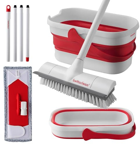 Collapsible Mop and Bucket Set with Wringer, Heavy Duty Scrub Brush, Foldable Mop and Broom for Home, Indoor or Outdoor Cleaning, Patio, Deck, RV, Concrete, and Floor Care by Bettaclean