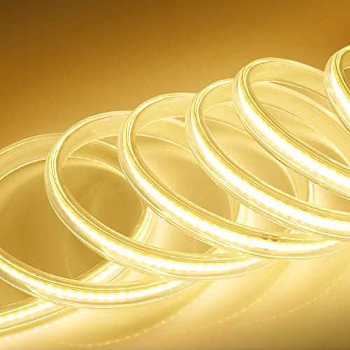 XUNATA 230V COB LED Streifen mit Schalter, 360leds/m Superhell Hohe Dichte, Flexibles COB LED Lichtband Strip für Heim DIY Festival Dekoration (Warmweiß, 15M)