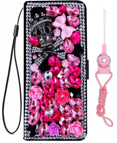 HFICY Schutzhülle für iPhone 14, mit 2 Glas-Displayschutzfolien für Frauen, glitzernde Diamanten, Leder-Filo-Schutzhülle und Umhängeband (Totenkopf)