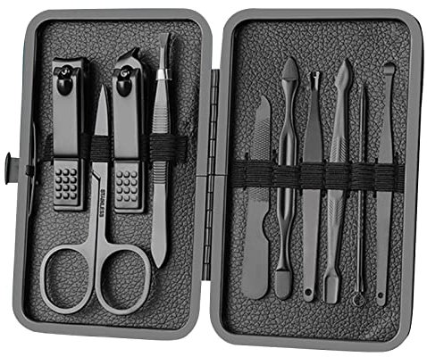 Manicure Set Nail Clippers Pedicure Kit -10PCS Stainless Steel Manicure Kit, Professional Grooming Kits, Nail Care Tools with Luxurious Travel Leather Case Gift Box Green (10pcs, Black)