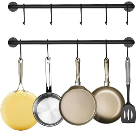 Black Steel-made Kitchen Utensil Rack Organizer Wall-mounted Pot Pan Wall Hanger Holder For Hanging Rail with 10 S Hooks