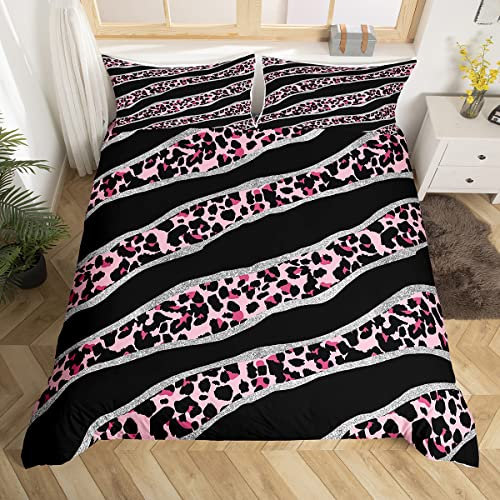 Homewish Pink Leopard Print Bedding Set Double Black Cheetah Comforter Cover Girls Silver Sequins Bed Set African Safari Animal Duvet Cover Ultra Soft Cozy Breathable Quilt Cover 3Pcs