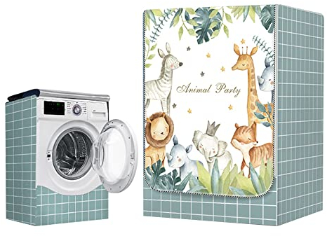 Odot Funda Lavadora Exterior Impermeable, Universal Cubierta para Lavadora y Secadora Carga Frontal, Funda de Protección Solar Antipolvo con Cremallera (L-Capacidad 10,5~12 kg,Zoo)