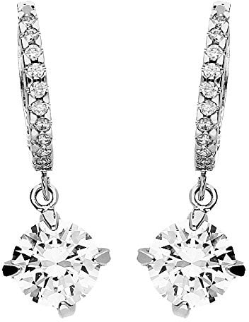 LÖB Damen Ohrringe Creolen Hängend 925 Silber mit rundem Stein-Anhänger aus Zirkonia in Diamant Form Weiß