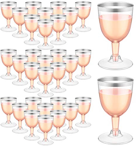 Thenshop 50 Pack Plastic Wine Glasses 5 oz Disposable Wine Cups Champagne Glasses with Stem Reusable Clear Wine Goblets Shatterproof Cocktail Cups for Weddings Holiday Party Picnic (Silver Rim)