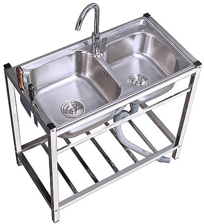 AMMOI Spültisch Edelstahl 2 Becken Mit Warm- Und Kaltwasserhahn Spüle Freistehend Küchenspüle Mit Abfluss Und Komplettem Zubehör Für Werkstatt Restaurant Outdoor Garten (Size : 70x38cm)