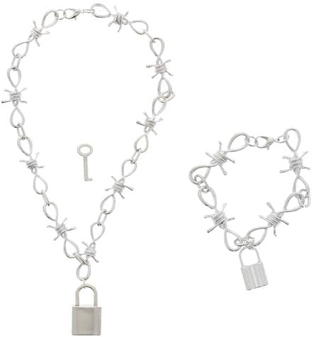 Zac's Alter Ego Silver Padlock Barbwire Chain Necklace & Bracelet Set