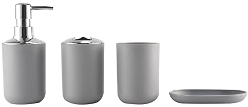 Tsudoku 4 Pcs Plastic Bathroom Accessory Set,Bath Toilet Brush Accessories Set with Toothbrush Holder,Toothbrush Cup(Grey)