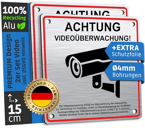 SCHILDERBOXX® 2er Set Schild Videoüberwachung Privatgrundstück [12x12cm, 100% Alu, 3M Tape, 4x Bohrlöcher] - Aufkleber Video Überwachung, Grundstück Kameraüberwacht, Achtung Kameraüberwachung