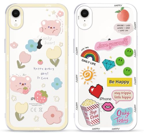 Yoedge 2 Stück Happy Bär Blumen Aesthetic HandyHülle für iPhone XR Hülle 6,1, Transparent Smile Muster Design Kameraschutz Schutzhülle für iPhone XR Case Mädchen Frauen Kawaii Cover