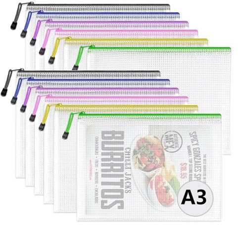 AILAKEY A3 Plastic Zip Wallets, 12 PCS A3 Mesh Zipper File Bags Waterproof Plastic Document Zip Lock Bags for School Office Supplies Puzzles Board Games Craft Projects