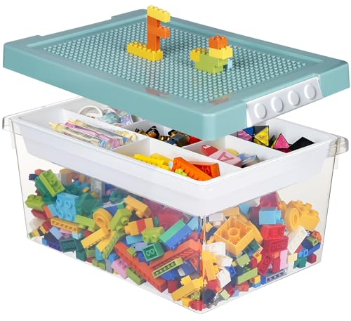 Loobuu Art Craft Storage Organizer Bins with Removable Tray - 1 Set Stackable Plastic Boxes, Toy Chests with Compatible Building Baseplate & Lid, Container for Building Bricks & Toys
