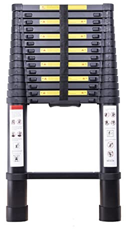 EGTink Teleskopleiter 4,4M,Aluminium Mehrzweck Klappleiter,Ausziehleiter Mehrzweckleiter,Ausziehbar Aluleiter,150 kg Belastbarkeit,Schwarz