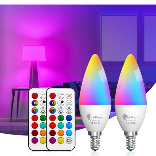 TobeBright E14 RGB LED Glühbirnen Dimmbar mit Farbwechsel, 3W Kerzenlampe C35 E14 LED SES Buntes Licht, 12 Farben Fernbedienung Memory Funktion und Stoppuhr für Haus Party, 2 Stück