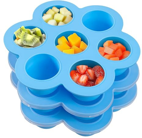 Navaris Silicone Baby Food Freezer Trays, 3 Pack, Blue - Leak-Proof Clip-On Lids - Multifunctional & Easy to Clean Storage Containers - Ideal for Weaning, Puree & Ice Cubes