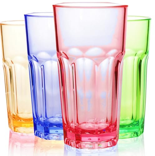 RAONEUS Plastic Glasses Unbreakable Tumblers Coloured Glasses Acrylic Glasses Drinking Cups for BBQ’s,Camping,Picnic,Birthday Party,Everyday Use (405ml Color)