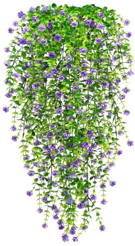 Yueshop 2PCS Artificial Hanging Flowers,UV-Resistant Artificial Hanging Plants Flowers Bouquet Outdoor Indoor Fake Hanging Plants Flowers Artificial Flowers for Wall Home Garden Wedding Decor (Purple)