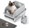 Einfache Reinigung Katzentoilette aus Edelstahl, Katzentoilette aus antihaftbeschichtetem Metall, Katzentoilette für Katzen,verhindert Urinverlust, inklusive Schaufel und Katzenstreumatte,Hellgrau L