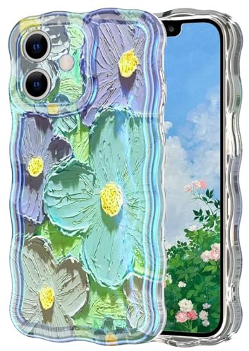 Petocase for iPhone 11 Case with Chain,Colorful Retro Oil Painting Printed Flower Cute Curly Wave Frame Shape,Laser Beam Glossy Pattern Soft TPU Shockproof Protective Case for iPhone 11,Green