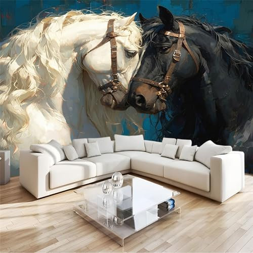 Papier Peint Panoramique 3D Cheval Animal 3d Noir Et Blanc Papier Peint Intissé Tapisserie Poster Mural Noir Et Blanc pour Salon Chambre Décoration Murale 200x140cm