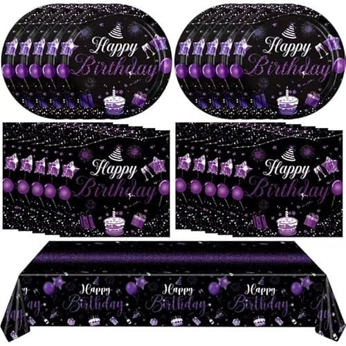 Purple & Black Decorations Set - Disposable Tableware with Plates, Napkins, Tablecloth & More for Men & Women's Birthdays