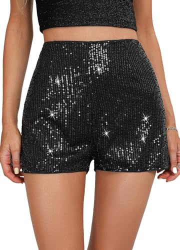 Elenint Damen Stylische Glitzernde Pailletten Shorts Hohe Taille Locker Gerade Bein Shorts Disco Club Festival Rave Kostüm Tanz Shorts