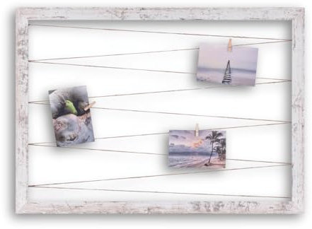 CLAMARO 'Collage Line' Fotohalter 70x50 cm | Vintage Weiß | Querformat Bilderrahmen mit Fotoleine aus Juteband und Holzklammern | Ideal als Fotocollage Galerie, Fotowand oder Fotorahmen