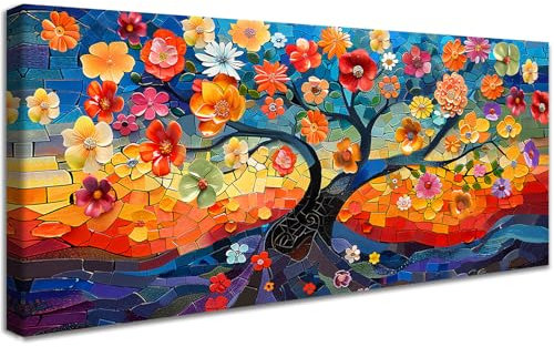 Cadre en bois Grande Impression sur Toile Coloré Arbre de vie fleurs Peinture Affiche Decoration Murale Image sur Toile Arbre floral abstrait Tableau Decoration Murale Salon Chambre 50x120cm