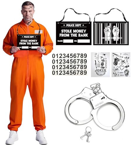 Pardofelis Häftling Kostüm Damen, Sträfling Kostüm Herren, Gefangener Kostüm Herren, Gefängnis Kostüm Orangener Overall mit Handschellen Namensschild Aufkleber für Karneval Prisoner Cosplay (XL)