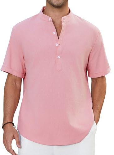Enlision Chemise Lin Homme Manches Courtes Col Mao Été Chemise Homme ete Leger Coton Lin Décontractée Classique Rose Henley Shirt Couleur Unie Haut 2XL