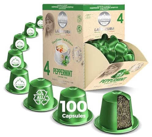 Thé vert de qualité supérieure - 100 capsules de thé compatibles avec les machines à capsules Nespresso, avec une note de menthe poivrée naturelle et rafraîchissante pour une expérience vivifiante La
