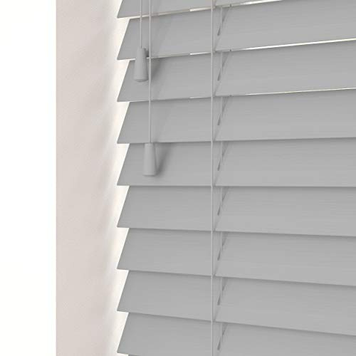 Dove Grey Faux Wood Venetian Blind 50mm Slats - 130cm Width x 120cm Drop | Fine grain Dove Grey faux wood Venetian blind with strings. 50mm slats. 130cm width x 120cm drop. Moisture resistant.