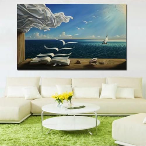 IHHGNB Diary of Discovery von Salvador Dali, Kunstdruck auf Leinwand, Wellen, Buch, Segelboot, Leinwanddruck, Poster, Kunstwerk, Bild, 40 x 50 cm, rahmenlos