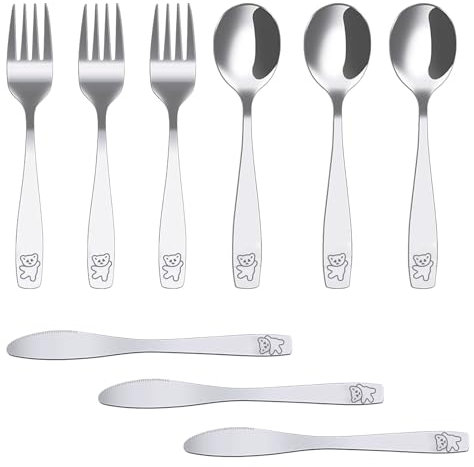 9-teiliges Kinderbesteck aus Edelstahl, 3 x Gabeln, 3 x Löffel und 3 x gezackte Messer, Besteck für Kinder, 3 Stück, personalisierbar, Bär, für Kleinkinder, Vorschulalter (9 Stück Bär)