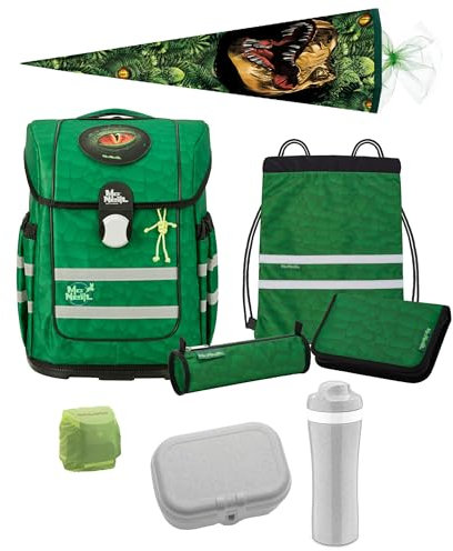 Familando Dinosaurier Schulranzen Set für Jungen 1.-4. Klasse, McNeill Ergo Complete Schultasche, Ergonomisch, Leicht 1.150 Gramm, Geräumig 20 L Volumen, Nachhaltig (9-teilig mit Schultüte)